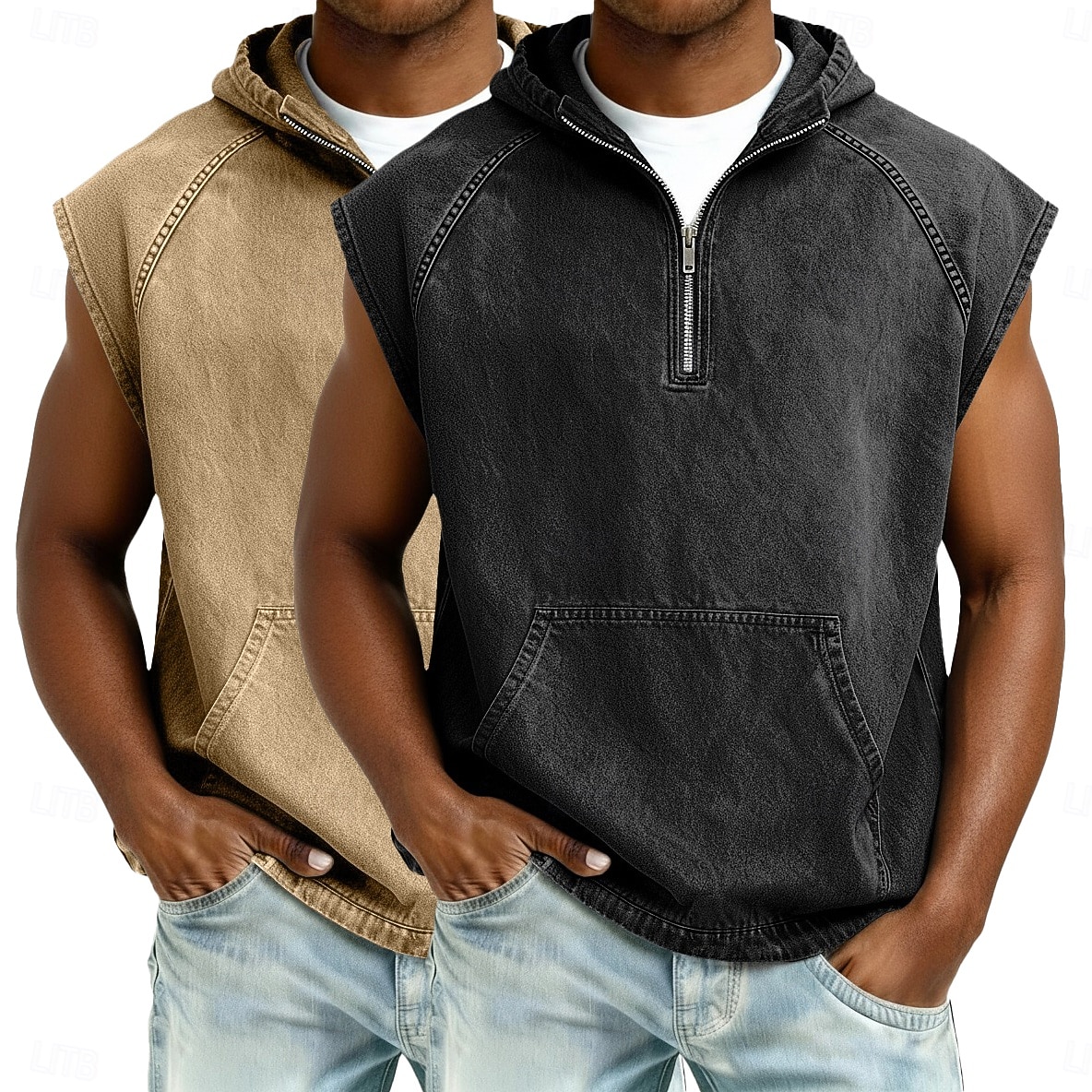 softfade™ canotta da uomo 2 pezzi top gilet top in denim camicia lavaggio acido senza maniche cappuccio zip estate primavera semplice capo basic tinto cappuccio casual vacanza strada nero kaki top del 2026 a $62.99 –P12