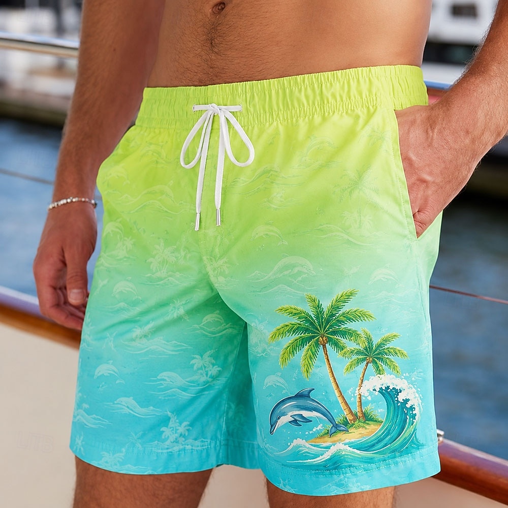 Herren Kokospalme Delphin Tropische Pflanzen Badehosen Badeanzüge Badeshorts Boardshorts Mittlere Taille Hawaiianisch Täglich Strandurlaub Seitentaschen Netzfutter Elastischer Kordelzug in der Taille 2026 - $20.99 –P2