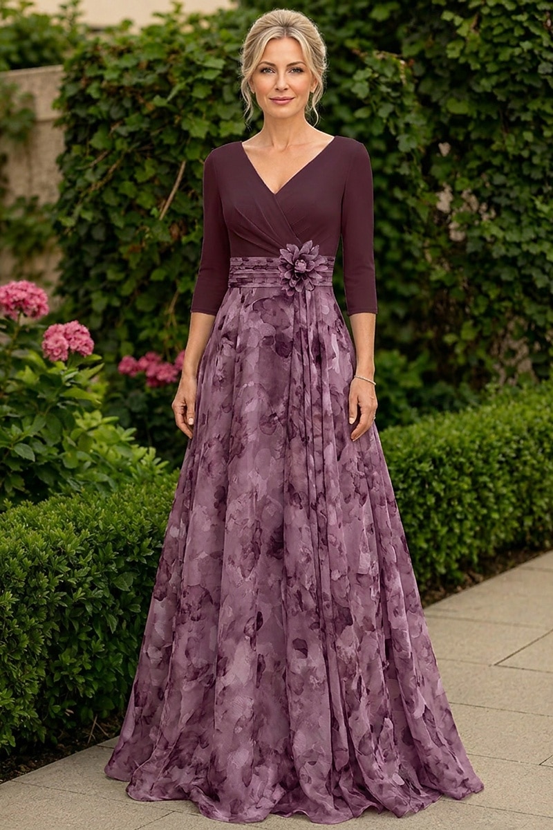 Krój A Sukienki Sięgająca podłoża Sukienka dla gościa weselnego Suknia wieczorowa Sukienka dla matki panny młodej Rękaw 3/4 W serek Elegancja Prosty Udekorowany Formalny Gość weselny Święto Szyfon 2026 - $205.89 –P1