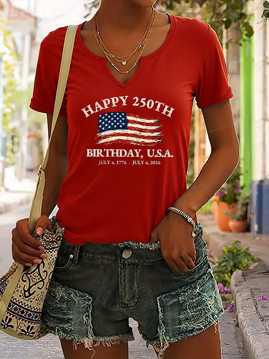 2026年 アメリカ独立記念日 女性用 Tシャツ プリント グラフィック アメリカの国旗 ヴィンテージ スタイリッシュ クラシック 半袖 ノッチネック レギュラートップス 日常 週末 ホワイト ルビーレッド インクブルー グリーン 夏 春  コレクション – $21.99 –P1