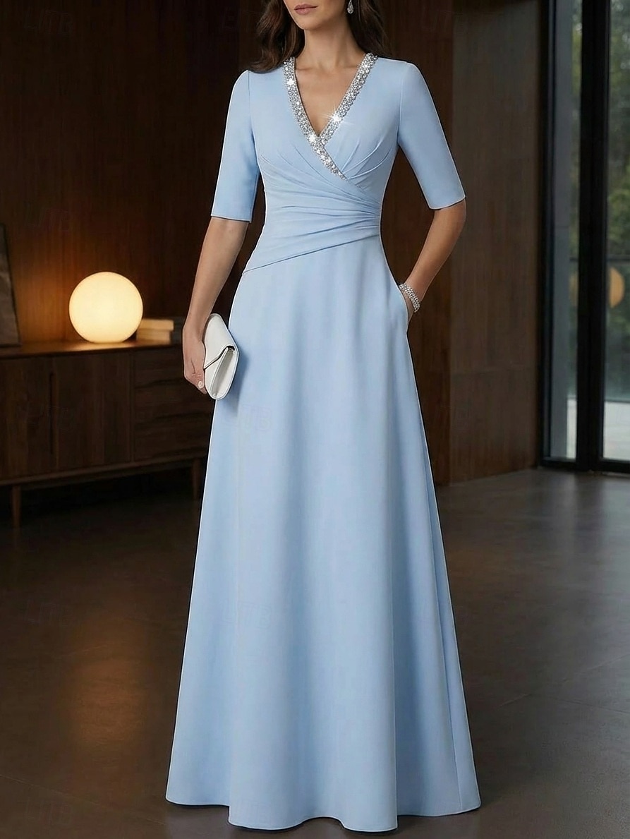 Linea ad A Lunghezza al pavimento Abito da Sera Elegante Abito da sera stile impero Mezza Manica Scollo a V Matrimonio Formale Tasca Tessuto Elasticizzato con Pieghe Cristalli Perline del 2026 a $159.99 –P1