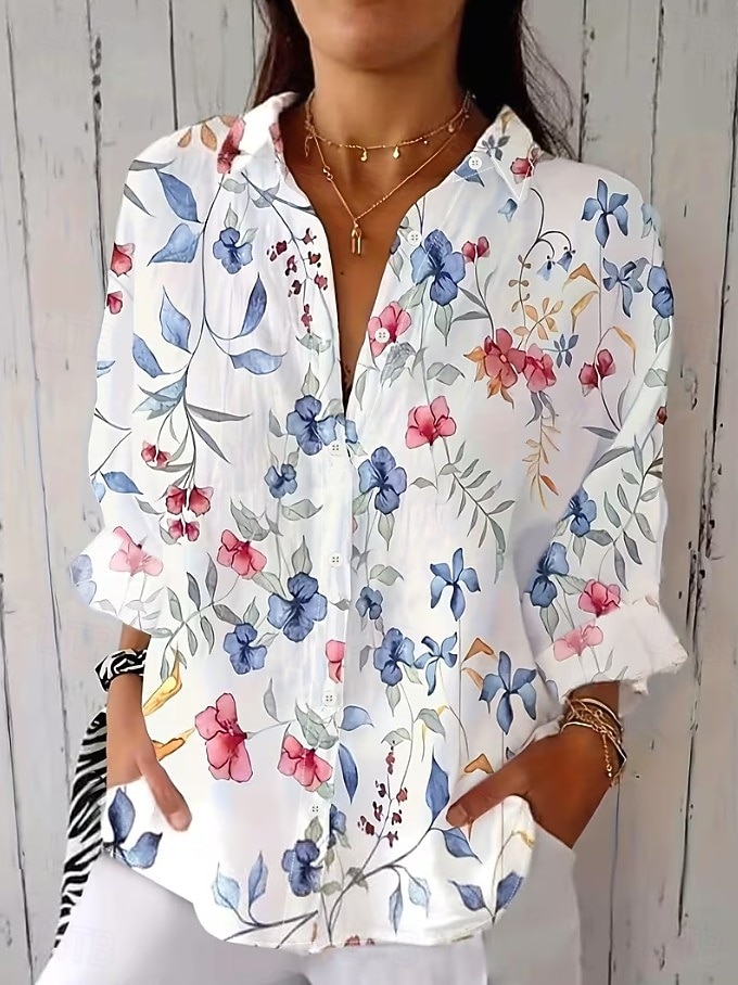 Dame Skjorte Rynket Blomstret Grafisk Elegant Ferie Stilfull 3/4 ermer Skjortekrage Crop Tops Avslappet Daglig Arbeid Hvit Gul Rosa Lys Lilla Lilla Sommer Vår 2026 - $41.99 –P8
