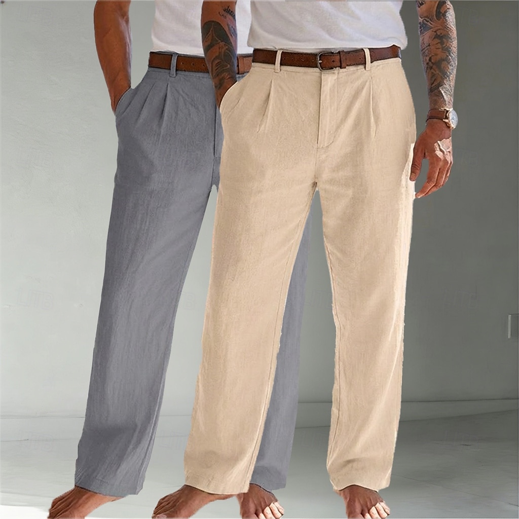 Homens Calças de linho Calças Calça verão Calças largas Calças de praia Bolsos Tecido Conforto Respirável Comprimento total Casual Diário Ao ar livre Moda Negócio Bege + preto Branco+Azul Marinho Sem de 2026 por $45.99 –P5