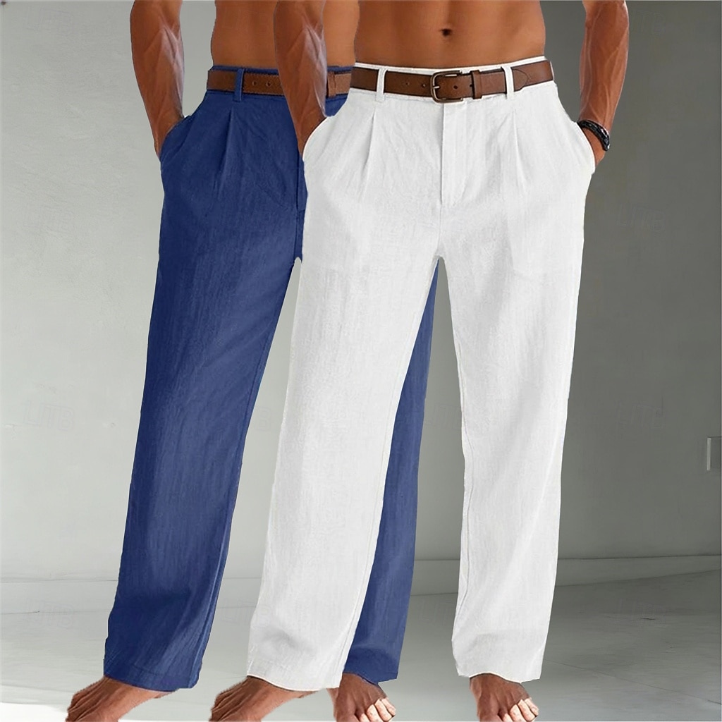 Homens Calças de linho Calças Calça verão Calças largas Calças de praia Bolsos Tecido Conforto Respirável Comprimento total Casual Diário Ao ar livre Moda Negócio Bege + preto Branco+Azul Marinho Sem de 2026 por $45.99 –P2