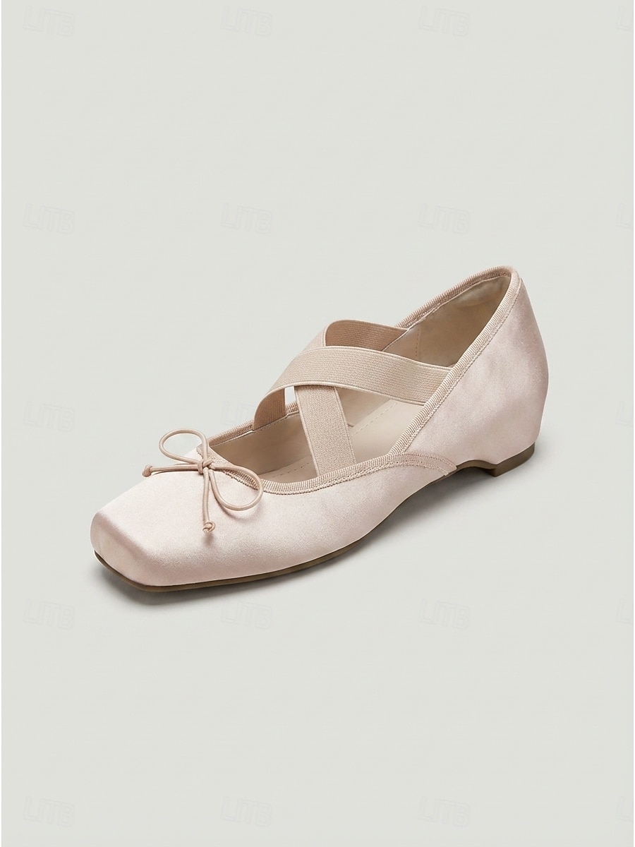 Women's Champagne Pink Satin Ballet Flats - Elegant Square Toe Mary ...