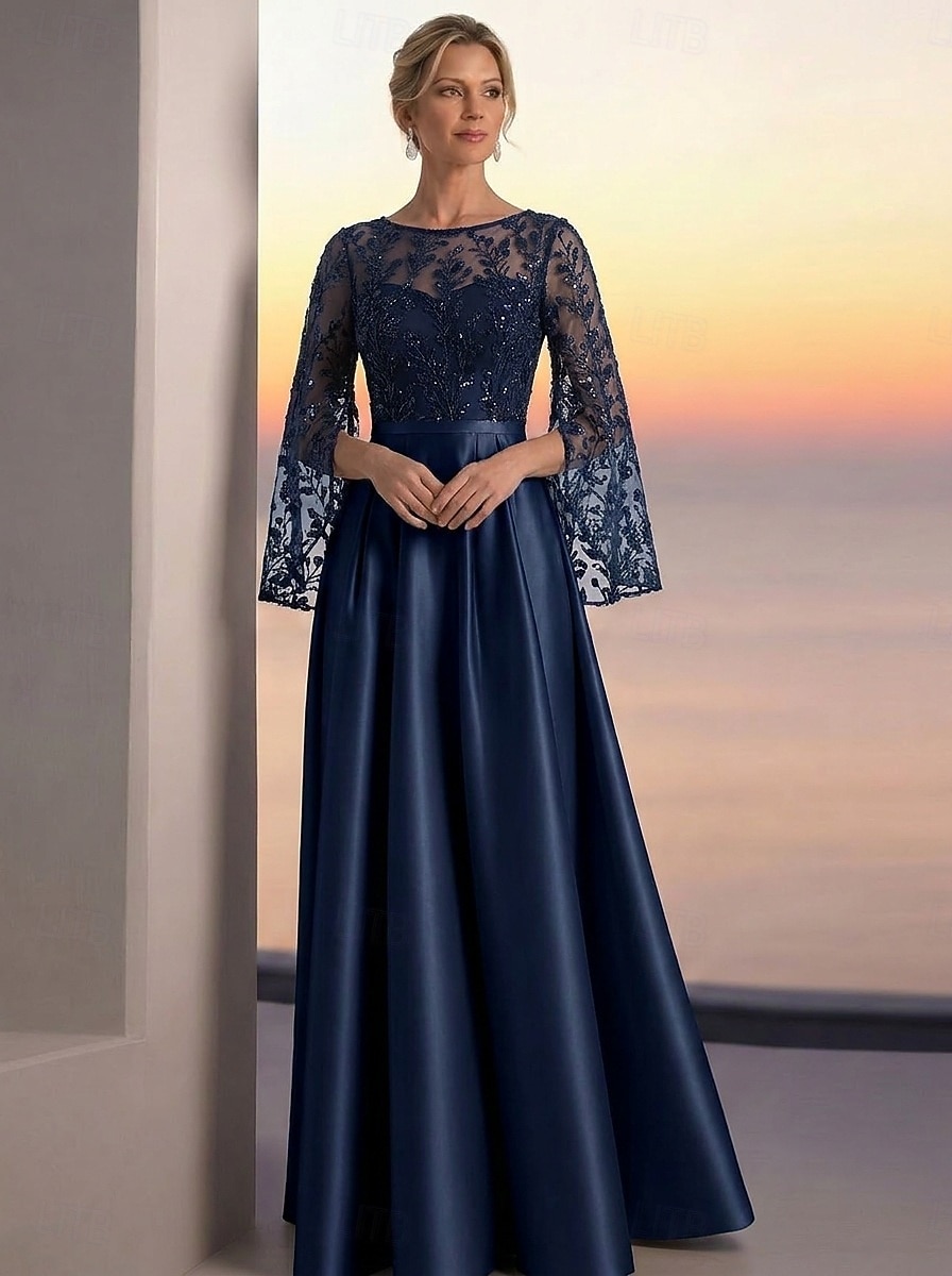 A-Line Floor Length Evening Gown Elegant Glittering Floral Short Sleeve Crew Neck Evening Party Wedding Pocket Satin Lace with Pleats Beaded Eembroidered 2026 - $171.99 –P2