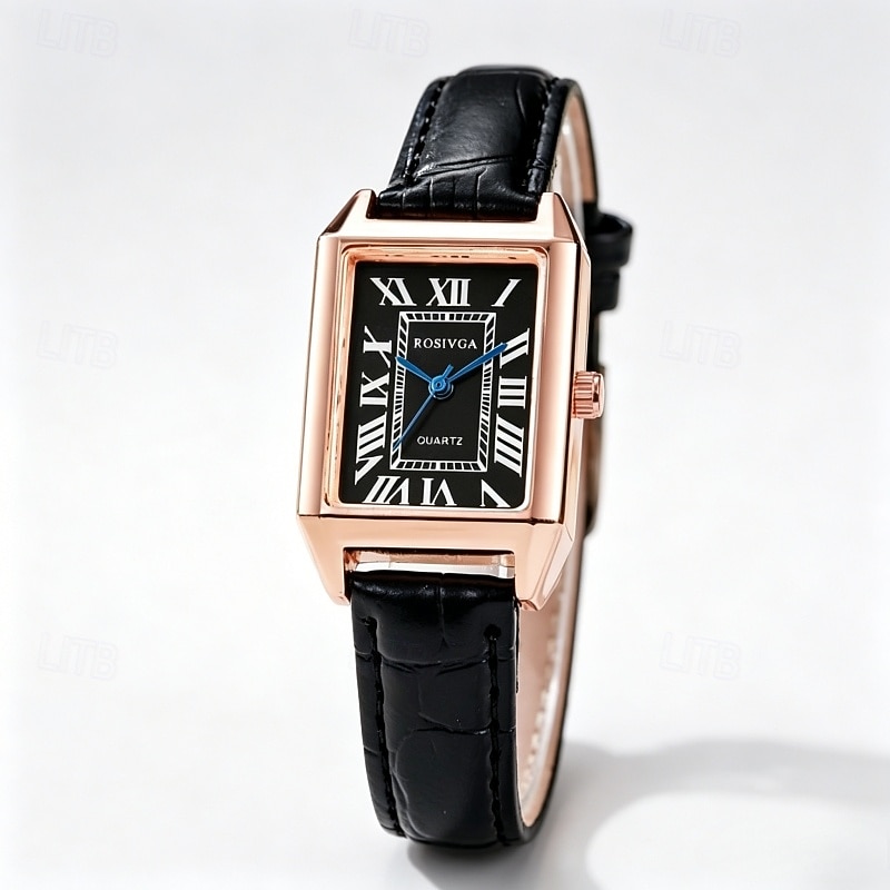 Montre Tank vintage pour femme, boîtier rectangulaire en or rose, cadran rétro à chiffres romains avec aiguilles bleues, bracelet en cuir noir, petite montre à quartz pour femme, montre habillée ou de 2026 ? $11.99 –P1