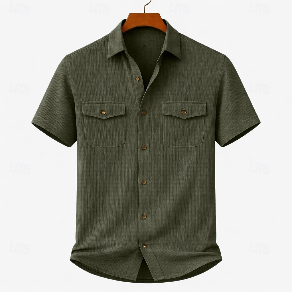 Men's Shirt Casual Shirt Corduroy Shirt Button Up Shirt Black White Yellow Navy Blue Brown Short Sleeve Plain Shirt Collar Casual Daily Front Pocket Clothing Apparel Elegant Fashion Casual 2026 - $24.99 –P2
