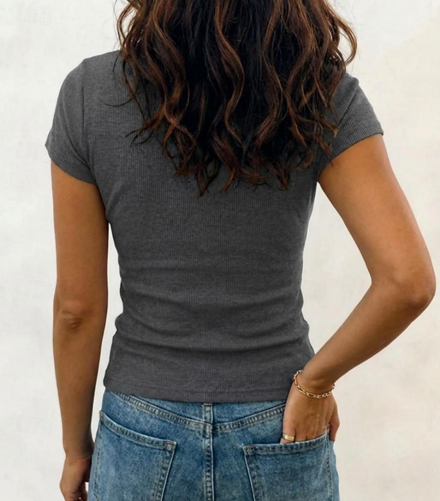 Per donna Maglietta A coste Tinta unica Elegante Manica Corta Collo a U Henley Top Regolari Casuale Uscire Nero Bianco Rosa Grigio scuro Albicocca Estate Primavera del 2026 a $24.99 –P2