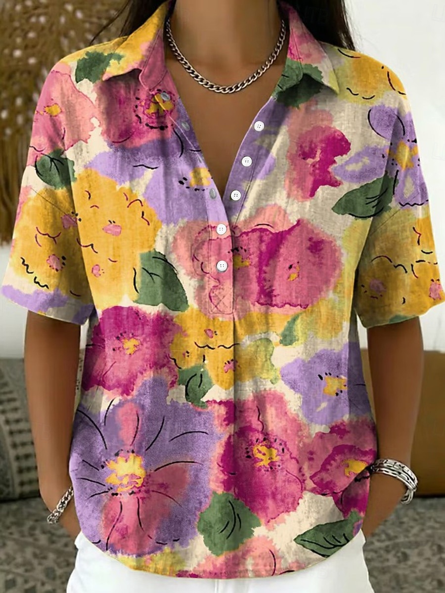 Mardi Gras Women's Shirt Floral Graphic Vintage Stylish Short Sleeve Turndown Regular Tops Casual Daily Holiday Blue Pink Summer Spring 2026 - $32.99 –P3