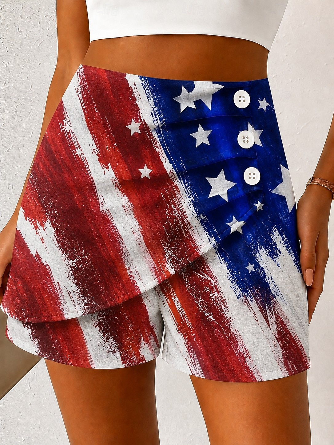 Pantalones cortos chinos para mujer del Día de la Independencia de Estados Unidos, estilo vintage, casuales, de cintura alta, con estampado de bandera estadounidense, plisados, en capas, inelásticos, 2026 - $19.99 –P2