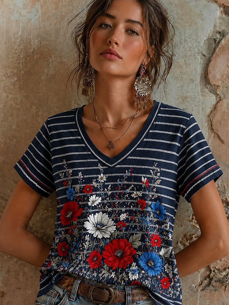 día de la independencia americana Mujer Camiseta Estampado Floral Graphic Letra Elegante Clásico Casual Manga Corta Escote en Pico Tops regulares Casual Diario Azul Piscina Negro Rojo Azul Marino 2026 - $21.99 –P5