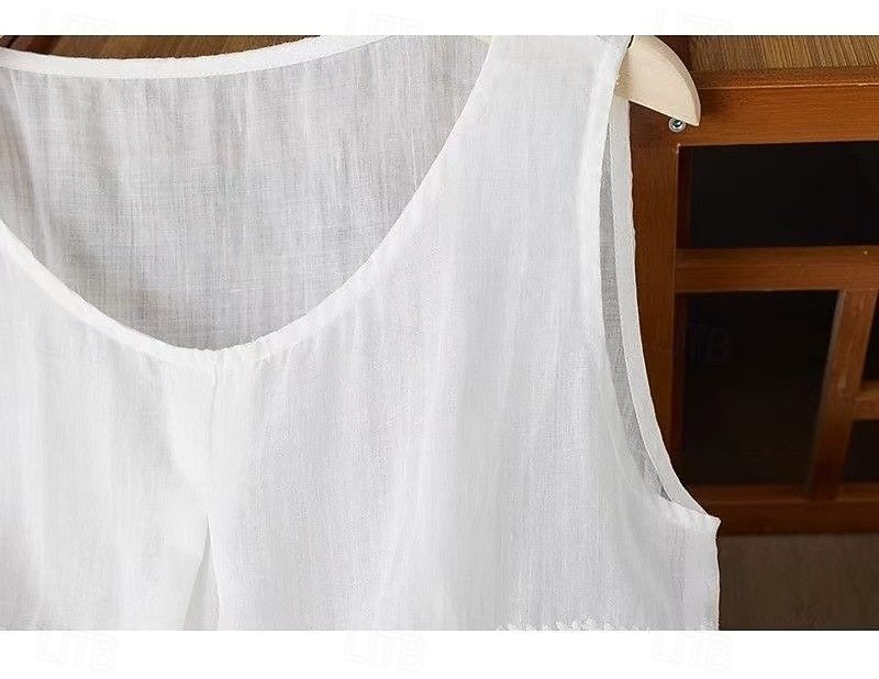 Per donna Gilet in cotone e lino Arricciato Ricamato Tinta unica Elegante Senza Maniche Senza maniche Scollo Tondo Top Regolari Bianco Rosa Viola Kaki Estate Primavera del 2026 a $13.99 –P8