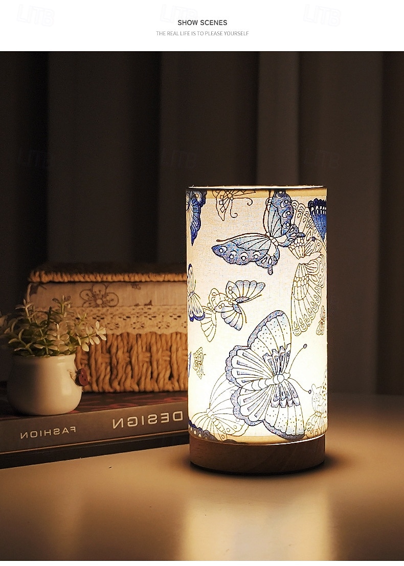 USB-tafellamp met stoffen kap – bloemenprint &Blauw vlinderdesign, dimbaar nachtlampje met 3 kleuren, geschikt voor slaapkamer, woonkamer, naast het bed of de eetkamer. Sfeervolle decoratieve lamp. 2026 - $17.49 –P1