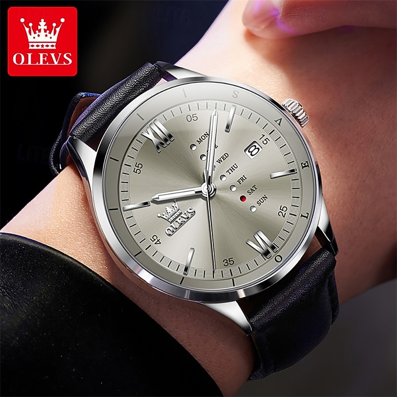OLEVS Men's Luxury Watch Business Fashion Quartz Wristwatch Waterproof Leather Strap Blue Sunray Dial with Unique Day Date Display Luminous Hands Roman Numerals Dress Watch for Male Gift 2026 - $31.99 –P21