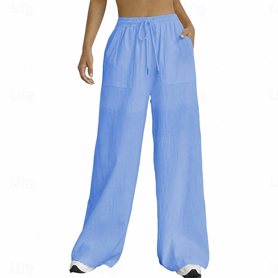 Damen Schlaghose Elegant Mode Volle Länge Hohe Taille Einfarbig Kordelzug Komfort Unelastisch Lässig Urlaub Schwarz Weiß Himmelblau Kamel Sommer Frühling Lässiger Schnitt 2026 - $27.99 –P7