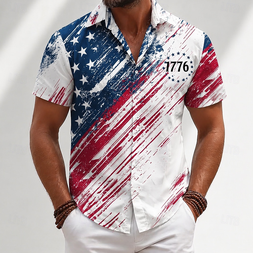 Camicia hawaiana a maniche corte della bandiera americana patriottica del 250° anniversario degli uomini a bottone top estivo per le vacanze al mare del 2026 a $25.99 –P1