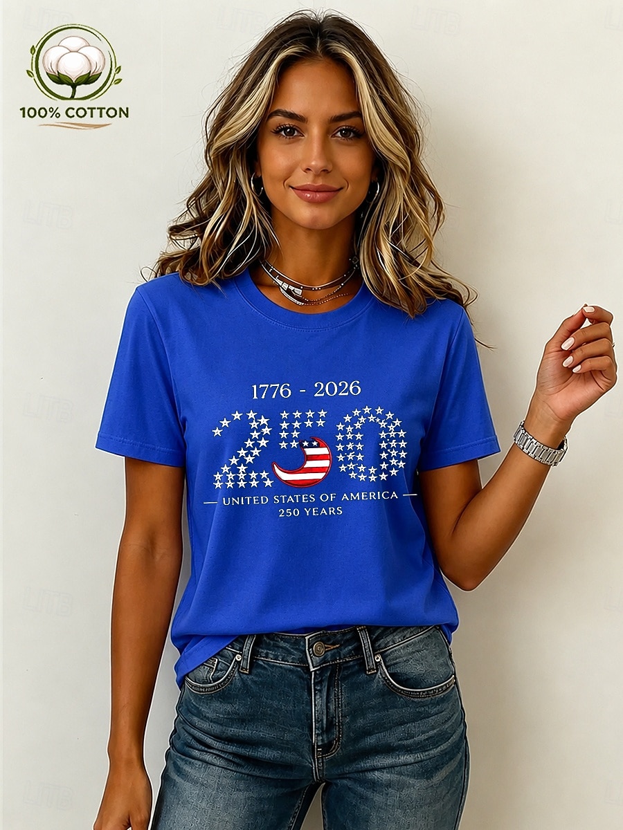 American Independence Day Women's 100% Cotton T Shirt Print Graphic American Flag Vintage Stylish Casual Short Sleeve Crew Neck Regular Tops Casual Daily Weekend Blue Black White Pink Apricot Summer 2026 - $24.99 –P5