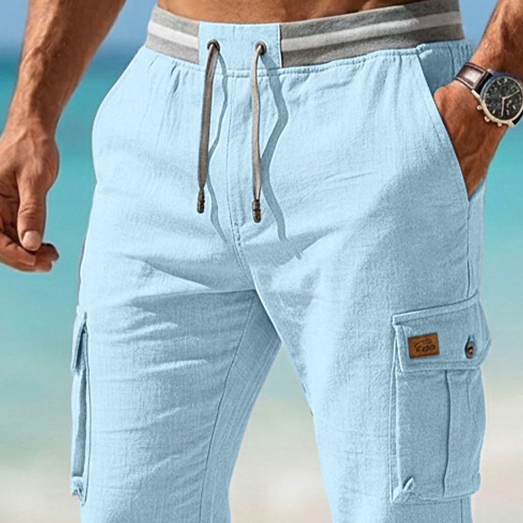 Men's Linen Pants Summer Pants Baggy Pants Drawstring Elastic Waist Plain Comfort Breathable Full Length Casual Daily Outdoor Vacation Fashion Blue Black Stretchy 2026 - $35.99 –P3