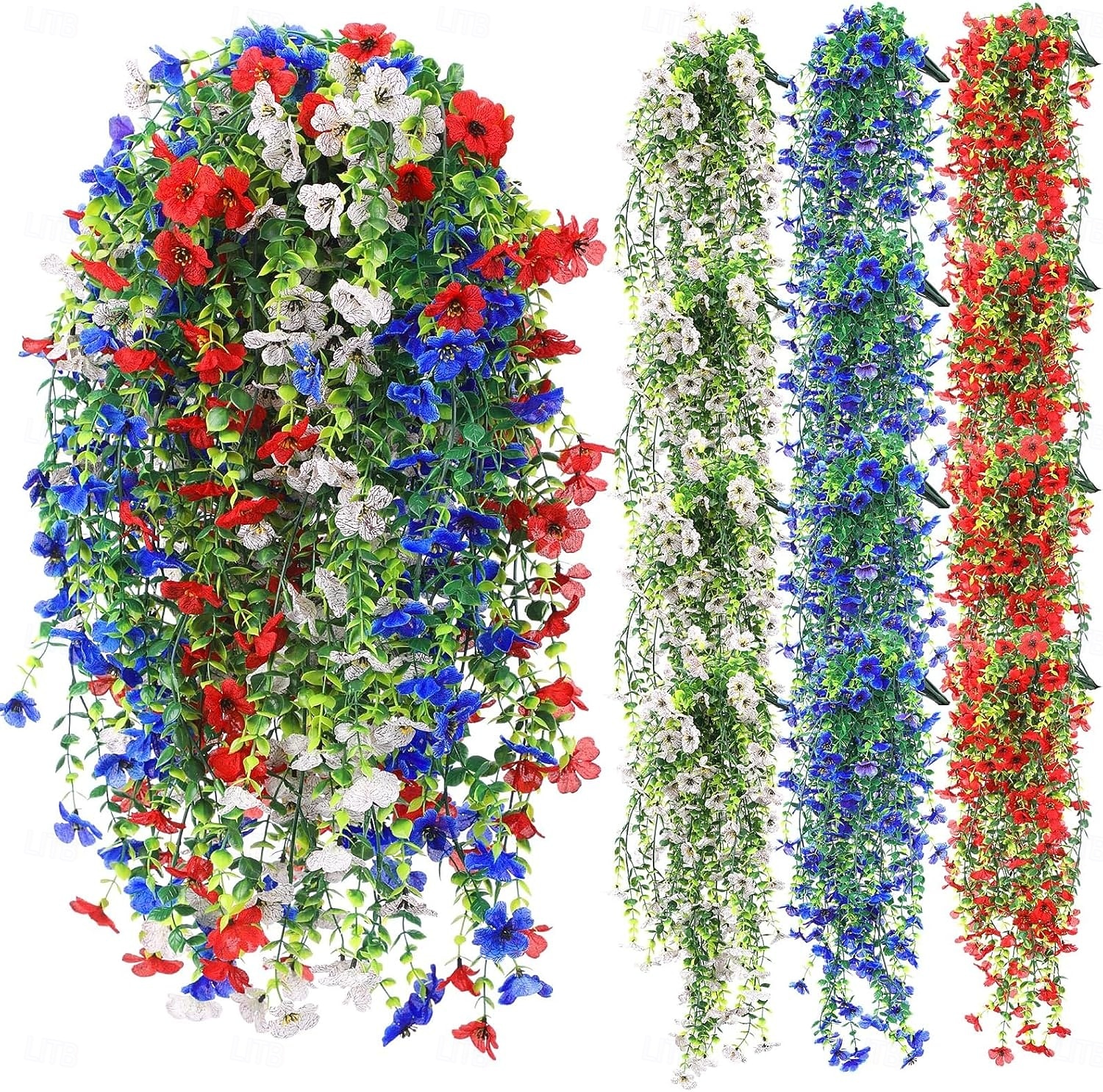 Conjunto de 12 flores artificiais patrióticas vermelhas, azuis e brancas para pendurar, decoração de varanda em comemoração ao 4 de julho, 250º aniversário da independência, arranjo floral para o Dia de 2026 por $35.99 –P1