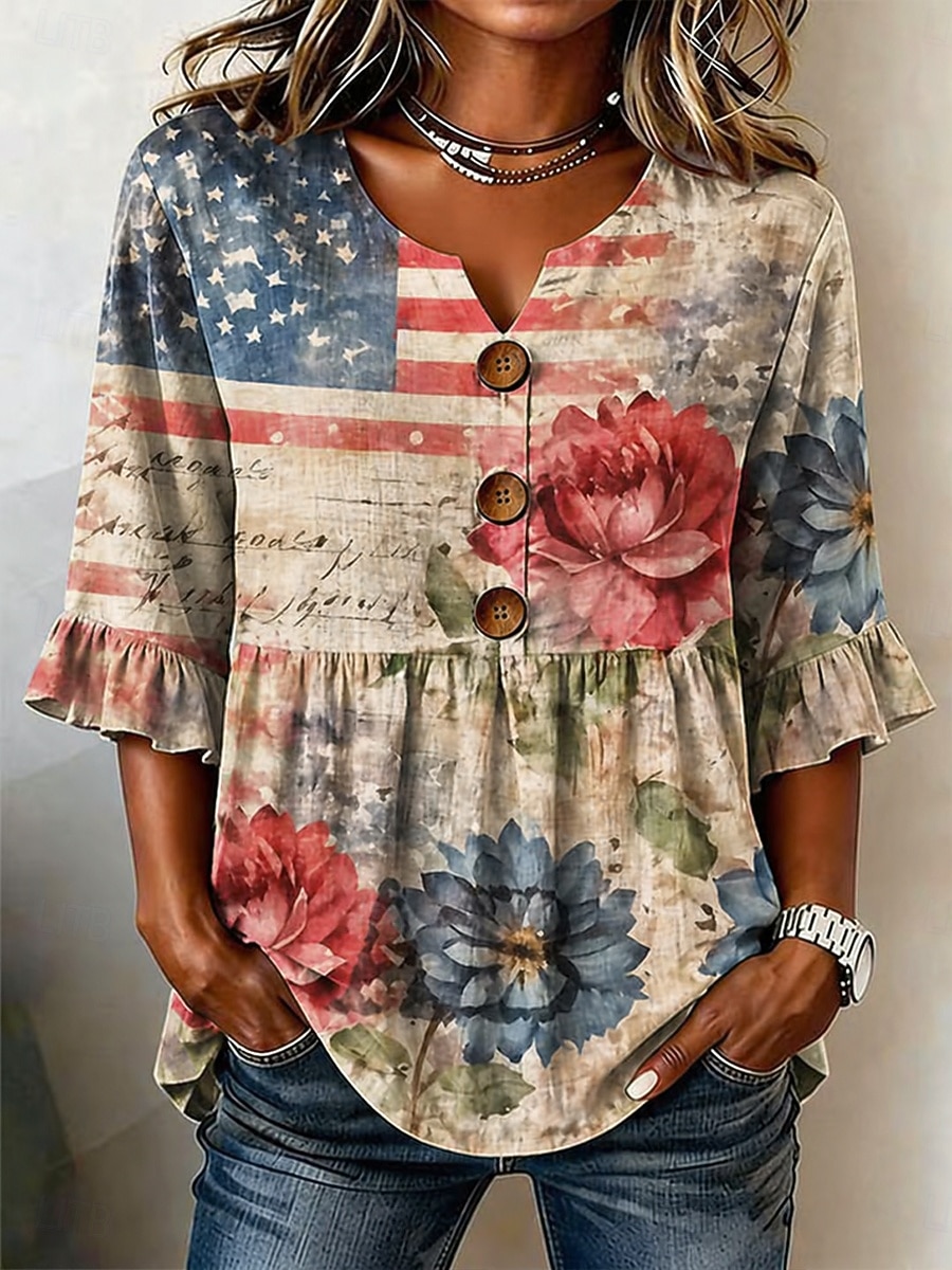 Giorno dell'Indipendenza Americana Per donna Camicia Grafico Bandiera Americana Vintage Elegante Mezza Manica Girocollo Top Regolari Casuale Quotidiano Weekend Blu Rosso Blu marino Beige Estate del 2026 a $33.99 –P3