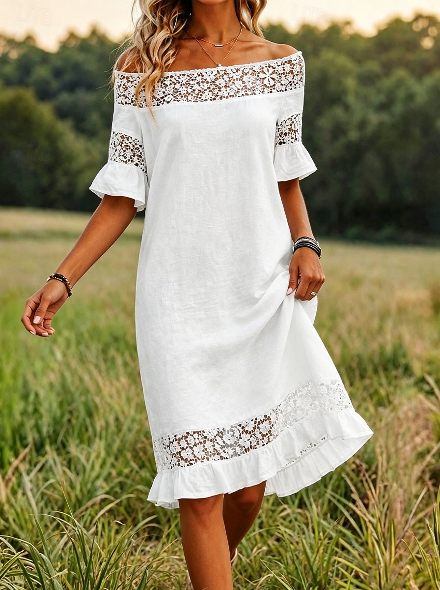 Per donna Abito al ginocchio Abito in Pizzo Abito Bianco Elegante Moda Spiaggia Vacanza Ferie Vestibilità regolare Floreale Mezza Manica Senza Spalle Bianco Estate Primavera del 2026 a $22.99 –P1