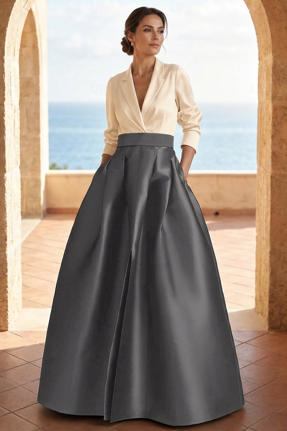 Linea ad A Lunghezza al pavimento Abito da Sera Da principessa Abito formale Elegante Festa Monocolore Manica Lunga Scollo a V Matrimonio Cravatta nera Invitato a matrimonio autunnale Raso Tessuto del 2026 a $172.99 –P7