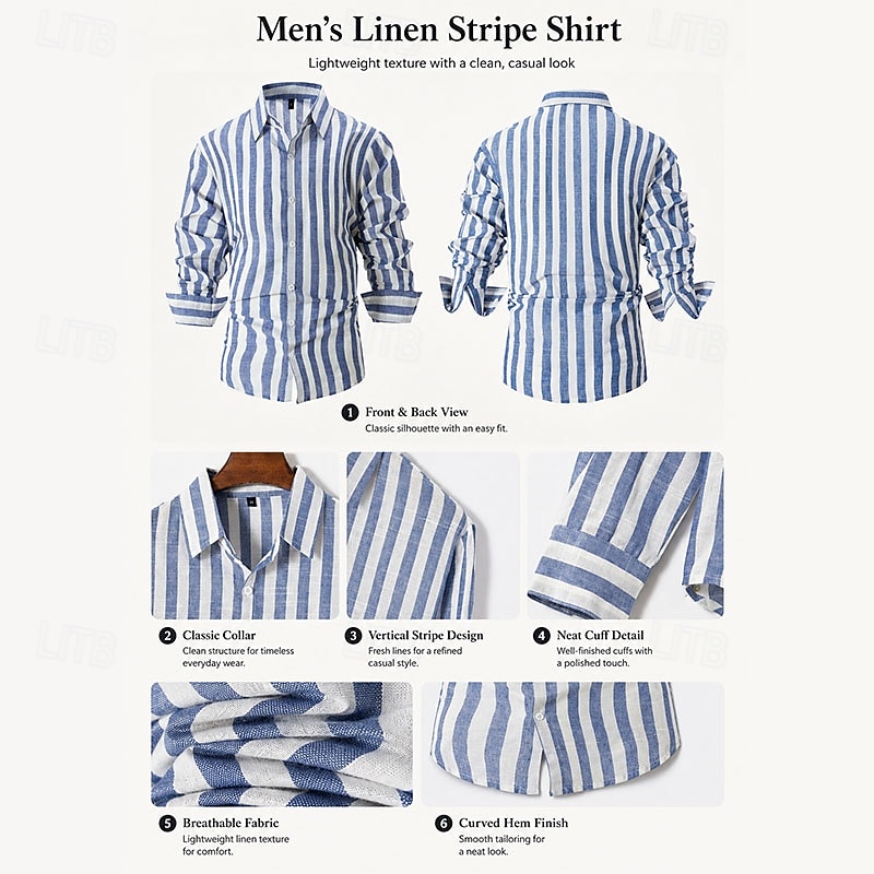 Camisa de lino a rayas para hombre – manga larga con botones para las vacaciones de verano 2026 - $35.99 –P2