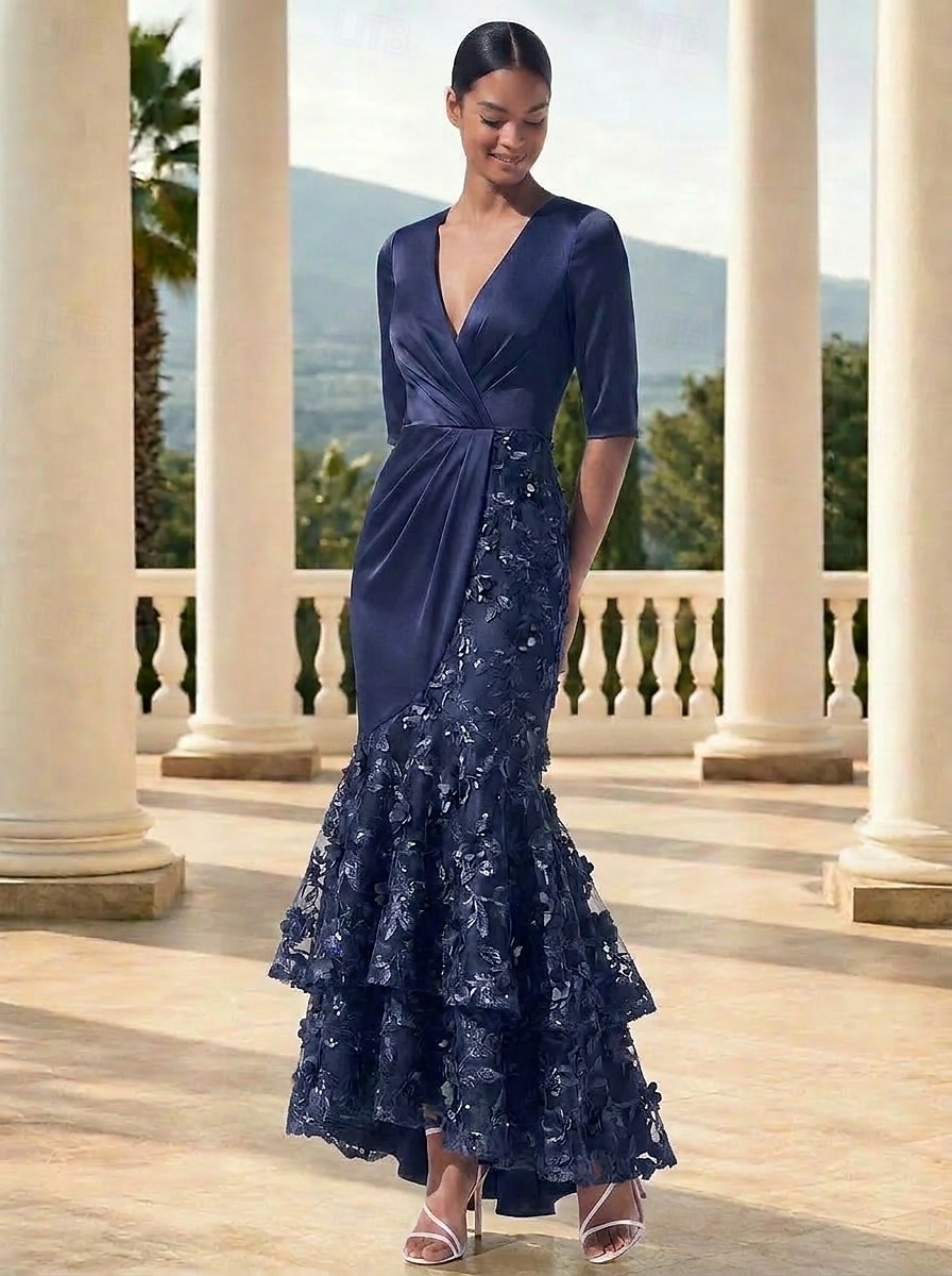 Mermaid Trumpet Ankle Length Evening Gown Formal Dress Elegant Glittering Floral 3/4 Length Sleeve V Neck Wedding Formal Lace Stretch Satin Cowl Back with Embroidered Flower Pleats Embroidery 2026 - $182.99 –P1