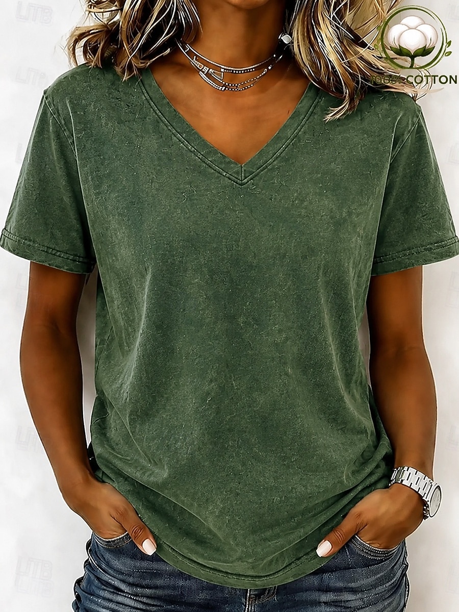 Dames T-shirt Katoenen shirt Met ruches Effen Vintage Modieus Stijlvol Korte mouw V-hals Normale tops Casual Dagelijks Uitgaan blauw Zwart Leger Groen Paars Oranje Zomer Lente 2026 - $21.99 –P15