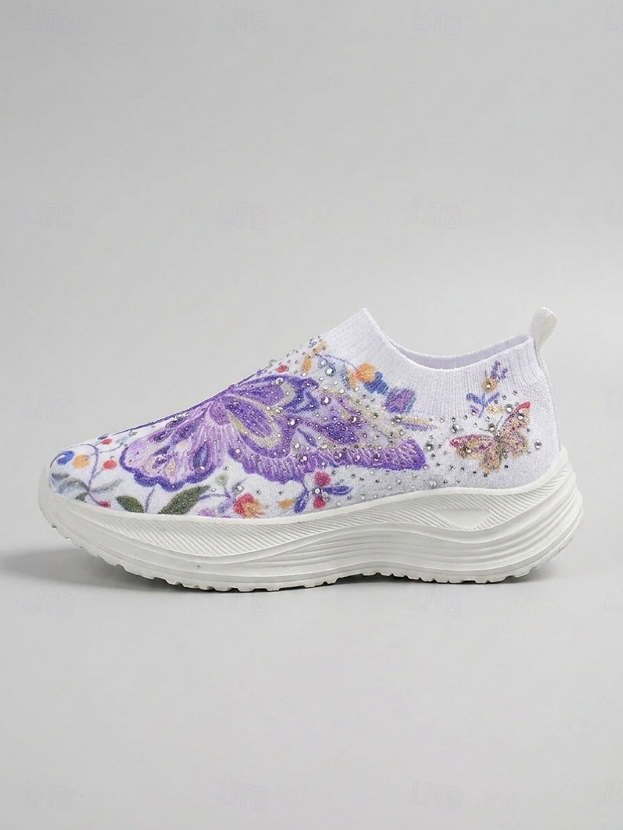 Tênis slip-on feminino roxo vibrante com estampa de borboletas - calçado esportivo leve com plataforma e detalhes em strass. &Tênis casual de malha respirável, ideal para caminhadas leves e passeios de 2026 por $32.99 –P4