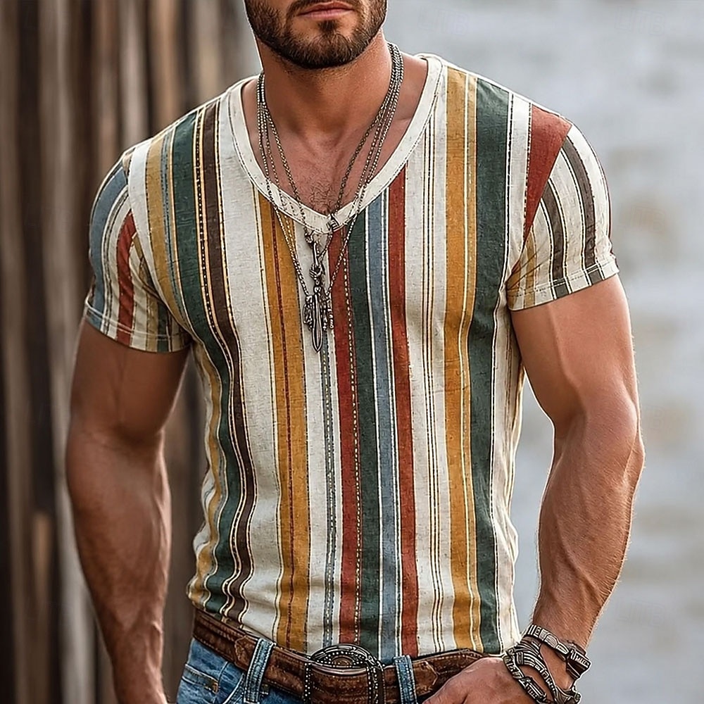 Men's Color Block Stripes T Shirt Short Sleeve T shirt 3D Print V Neck Shirt Vacation Casual Daily Holiday Red Orange Brown Spring & Summer Clothing Apparel S M L XL XXL XXXL 2026 - $18.99 –P2