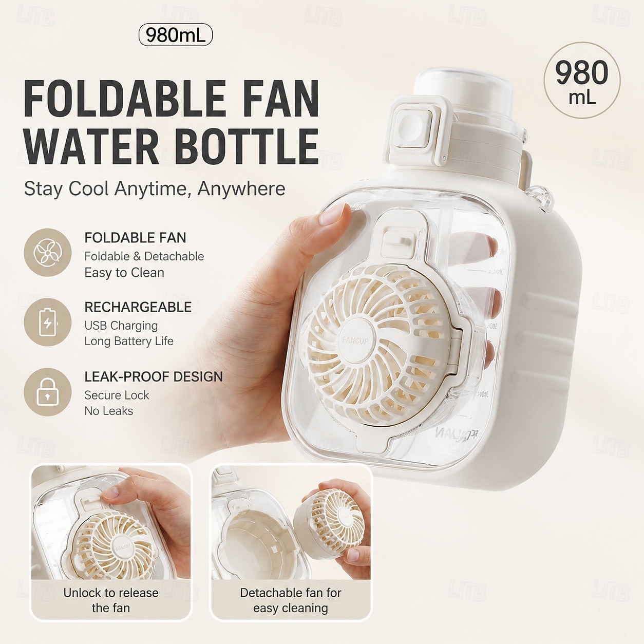 2 in 1 Water Bottle with Built In Foldable Fan, USB Rechargeable Cooling Bottle with 3 Speed Portable Fan, Portable Cooling Cup with Straw, Detachable Design for Travel, Camping, Gym 2026 - $125.99 –P12