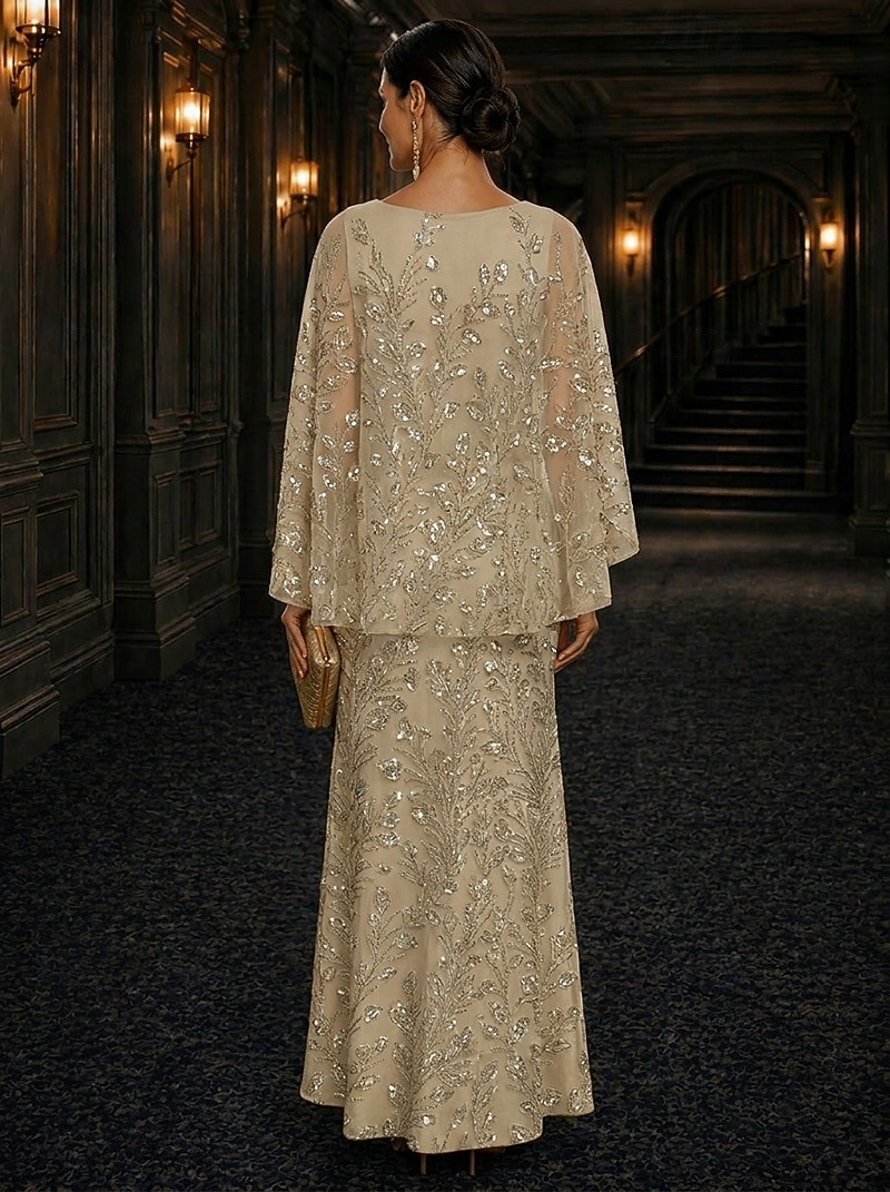 A-Line Dress Floor Length Ankle Length Cocktail Dress Mother of the Bride Dress Long Sleeve Scoop Neck Elegant Luxurious Sparkle & Shine Formal Wedding Guest Semi Formal Lace with Beading Sequin 2026 - $205.89 –P3