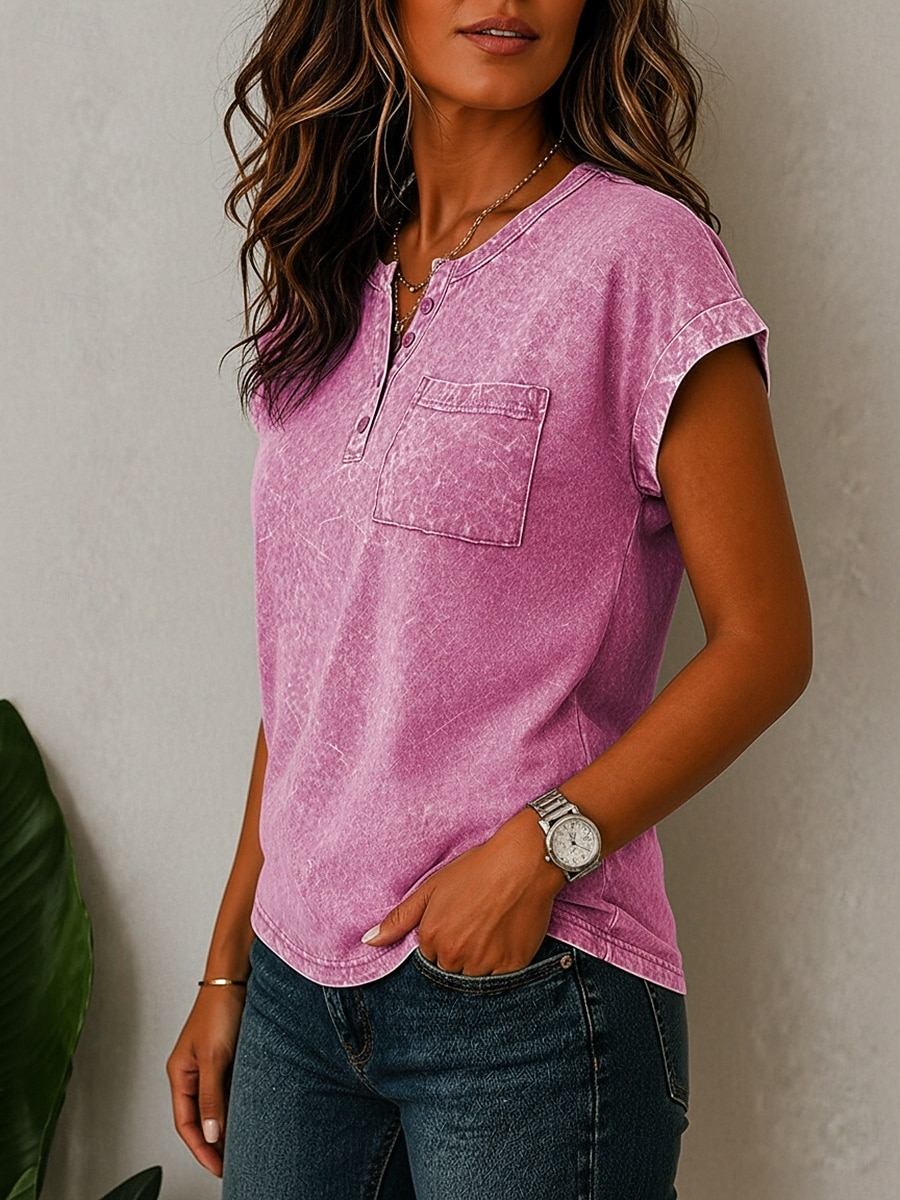Mujer Algodón lavado 100% Algodón Henley Shirt Bolsillo Color sólido Vintage Elegante Manga Corta Manga Murciélago Tops regulares Casual Verano Azul Piscina Verde Claro Rosa Verano Primavera 2026 - $25.99 –P7