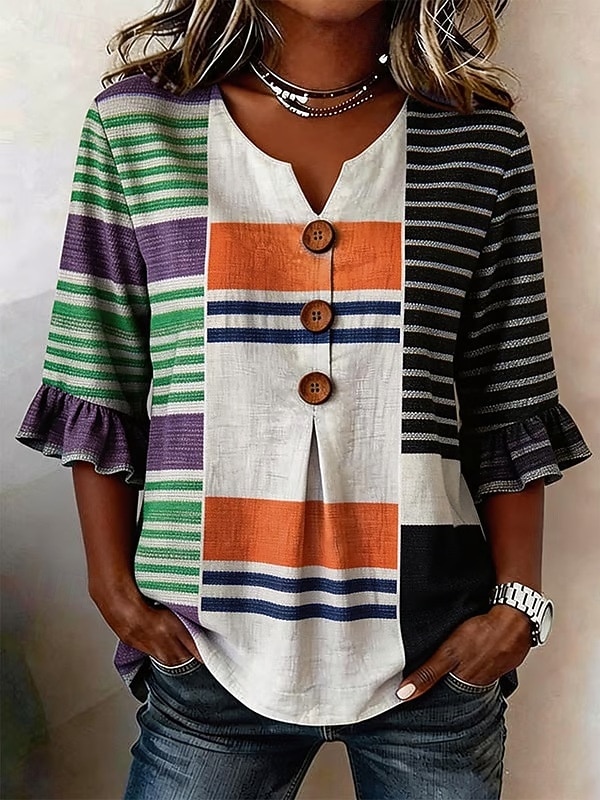 Per donna Camicia Camicia Boho Camicia casual Grafico A righe Elegante Bohemien Attivo Manica 3/4 Scollo a V Top lunghi Casuale Bianco e blu nero+bianco+verde Blu scuro Azzurro Estate Primavera del 2026 a $26.99 –P2