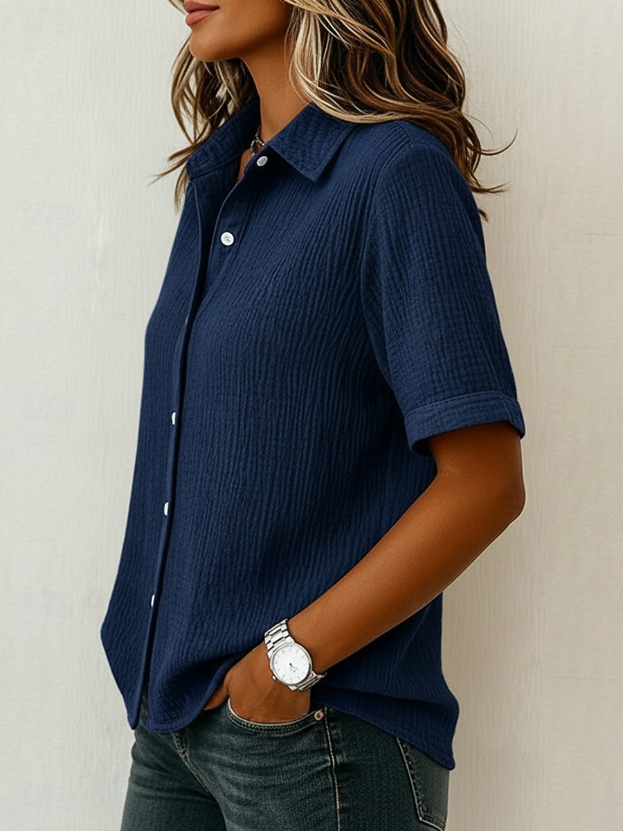 Dam 100% Bomuld Button Down skjorta Casual skjorta Ensfärgat Slät Klassisk Kortärmad Vanliga toppar Ledigt Vit Marinblå Smaragdgrön Purpur Orange Sommar 2026 - $24.99 –P11
