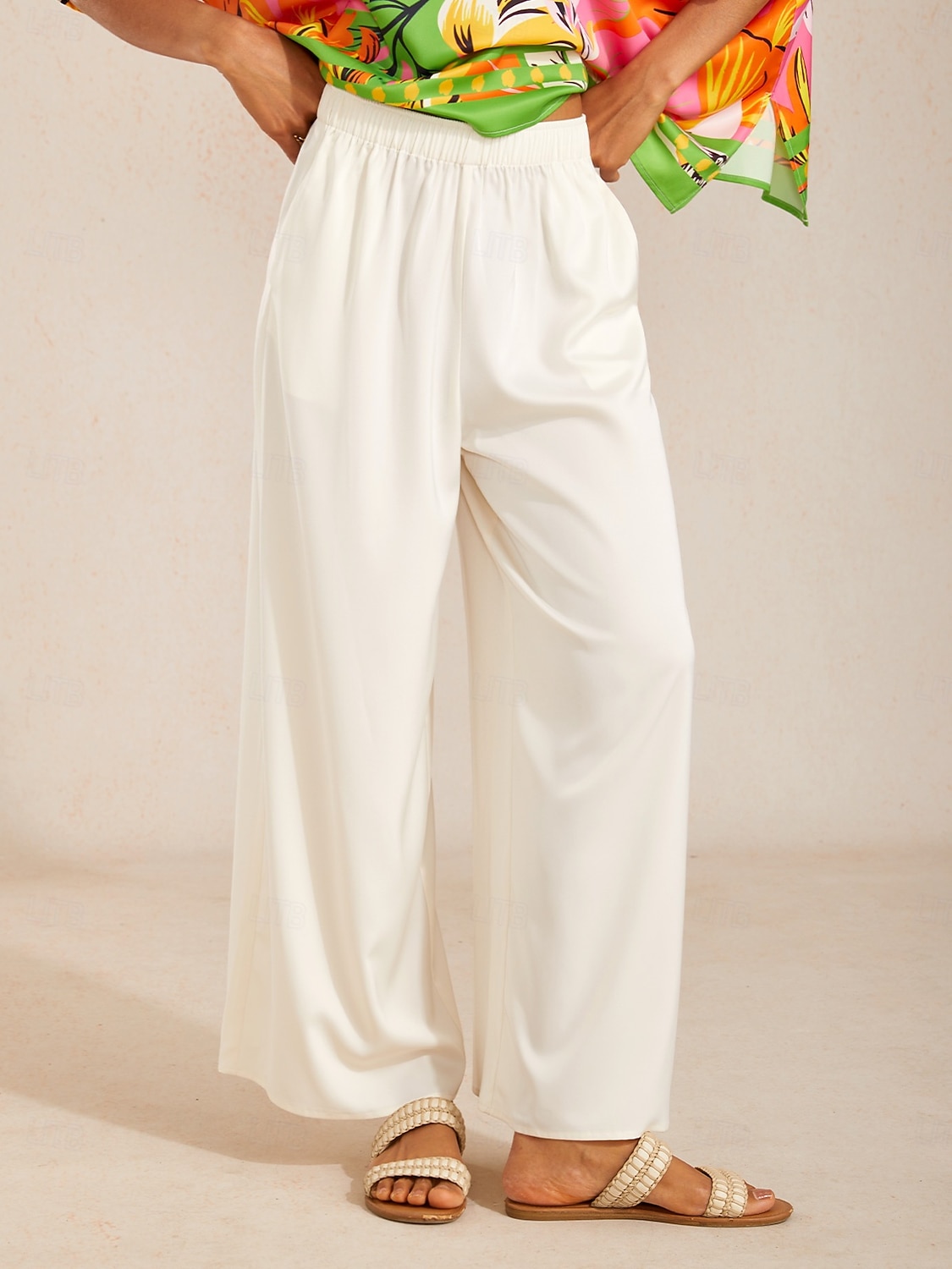 pantalon large en satin blanc soyeux à taille élastique de 2026 ? $69.99 –P2