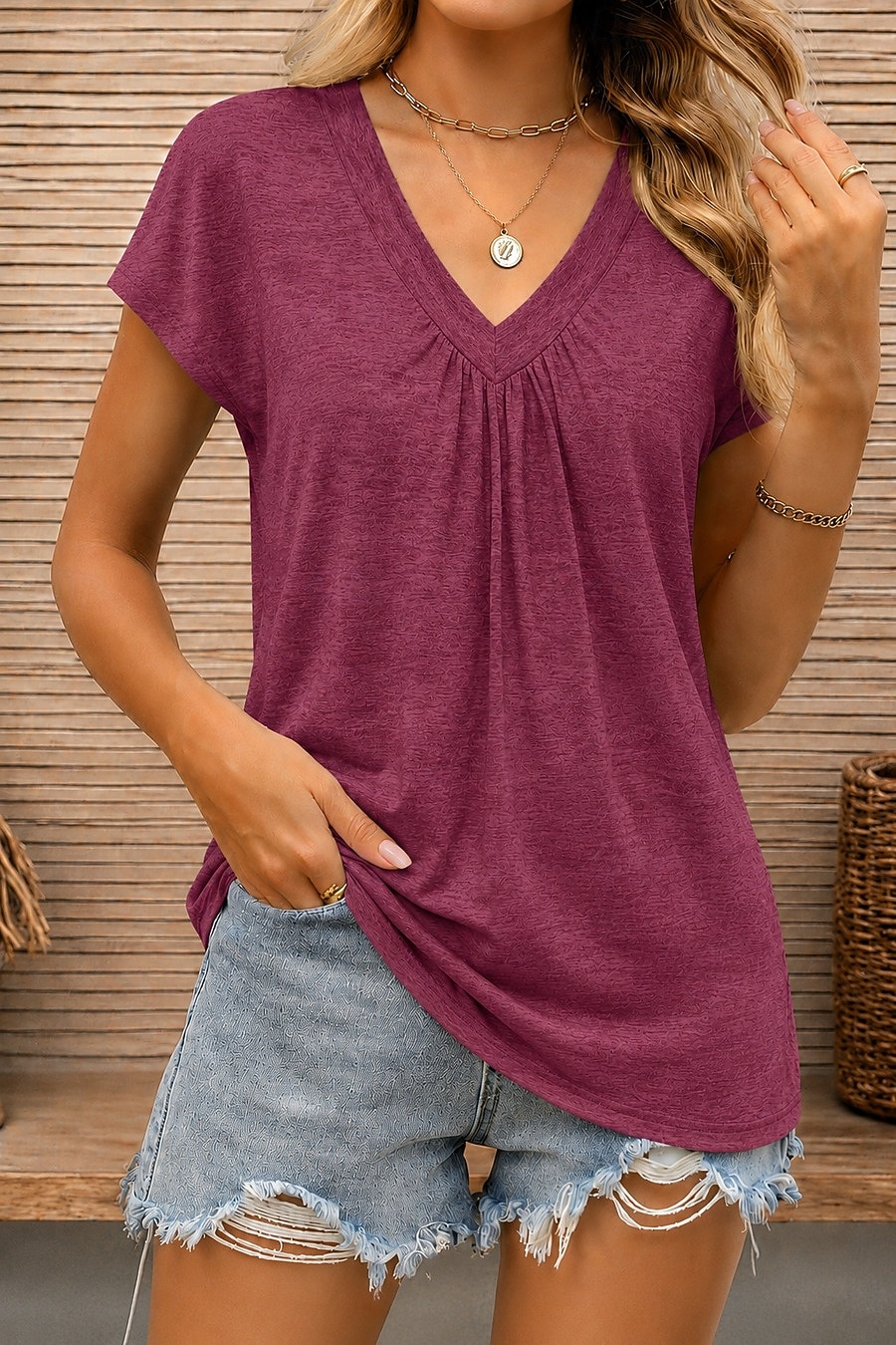 Dam T-shirt T-tröja Ensfärgat Elegant Mode Ledigt Kortärmad V-hals Crop Tops Ledigt Dagligen Sommar Vinrött Blågrön Svart Vit Rodnande Rosa Sommar Vår 2026 - $21.99 –P8