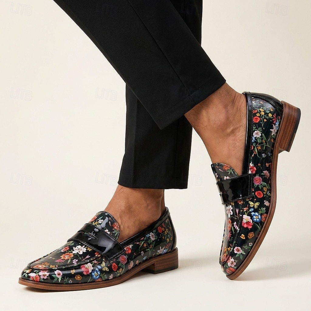 Mocassins à enfiler noirs à motif floral pour homme, chaussures habillées élégantes à bride vernie, parfaites pour les mariages, les banquets, les fêtes et les soirées raffinées. de 2026 ? $46.99 –P5