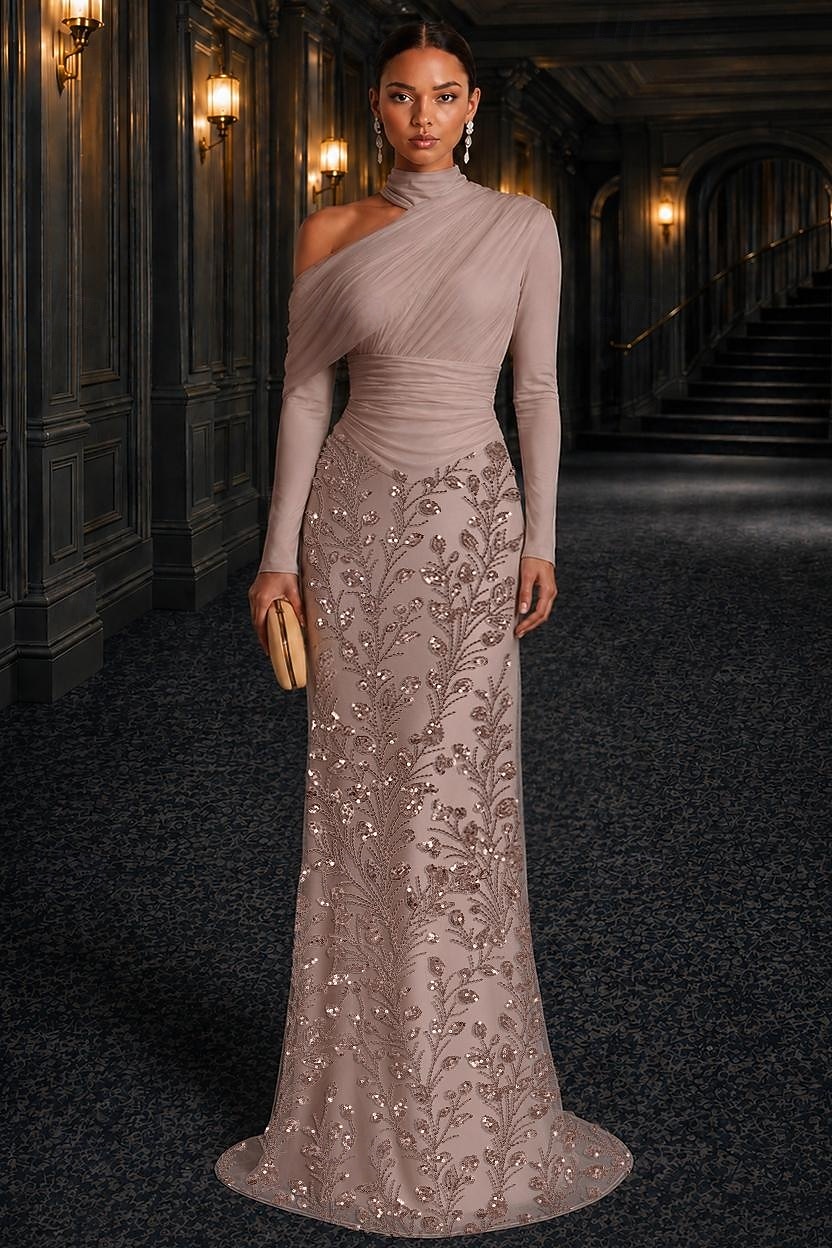 Tubino Colonna Lunghezza al pavimento Abito da Sera Abito formale Elegante Scintillante Brillanti Manica Lunga Collo Alto Matrimonio Formale Pizzo Raso Elasticizzato con Pieghe Perline ricamate del 2026 a $182.99 –P1