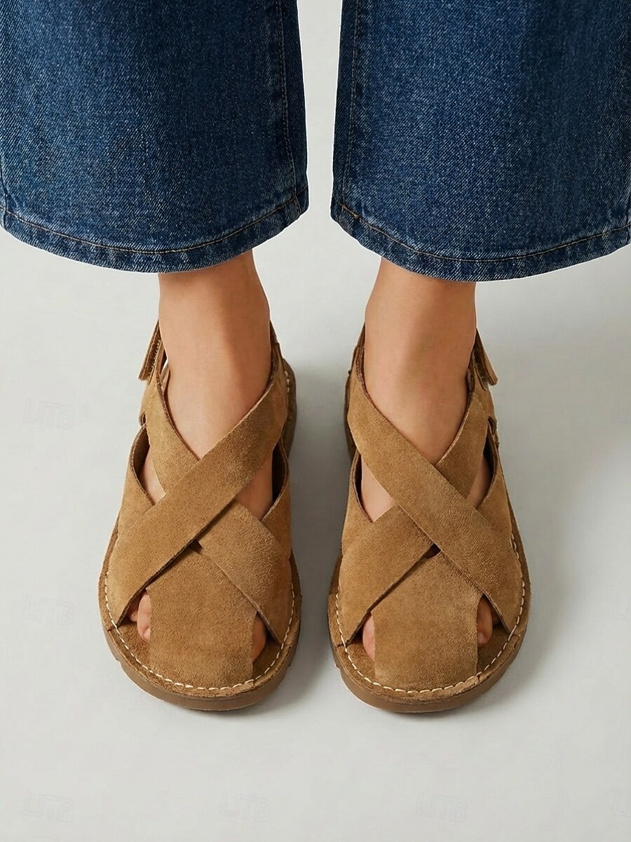 Women's Khaki Crisscross Strap Flat Sandals - Closed-Toe Sandals with Adjustable Magic Tape, Casual Non-Slip Footwear for Summer Outings, Travel & Daily Wear 2026 - $26.99 –P4