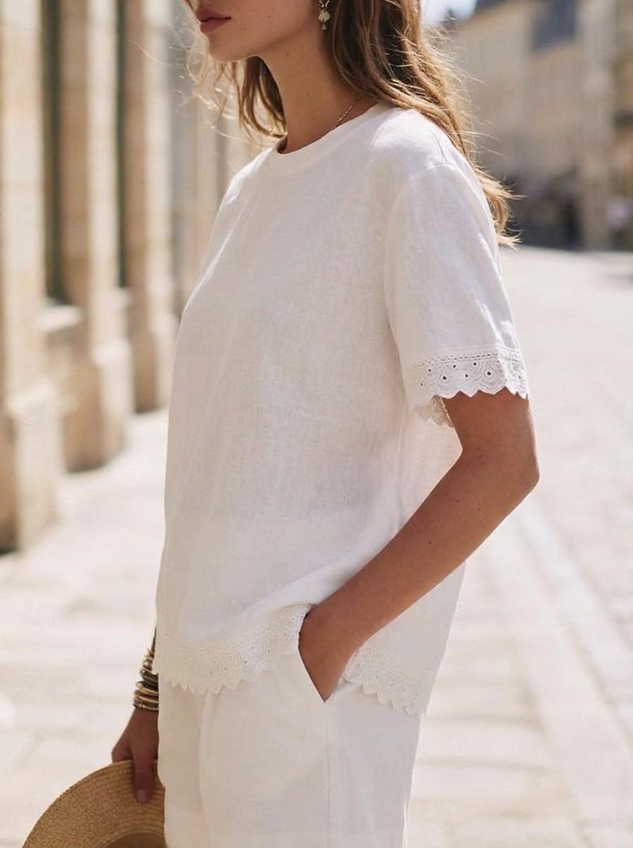 Women's Tee Top Lace Trims Solid Color Elegant Stylish Ethnic Short Sleeve Crew Neck Regular Tops Casual Daily Going out White Summer Spring 2026 - $26.99 –P3