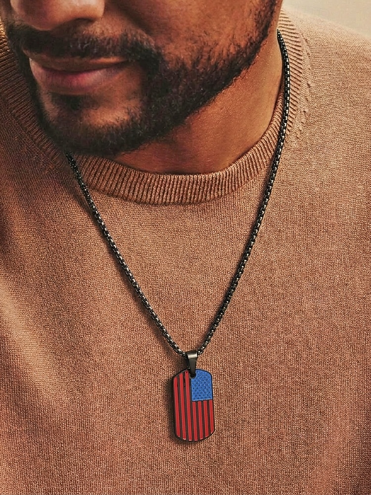 Herrekjede med USA-flagg i rustfritt stål - patriotisk militæranheng i flere farger til amerikansk 250-årsjubileum, uavhengighetsdagen og utendørssport &veteran gift 2026 - $11.99 –P2