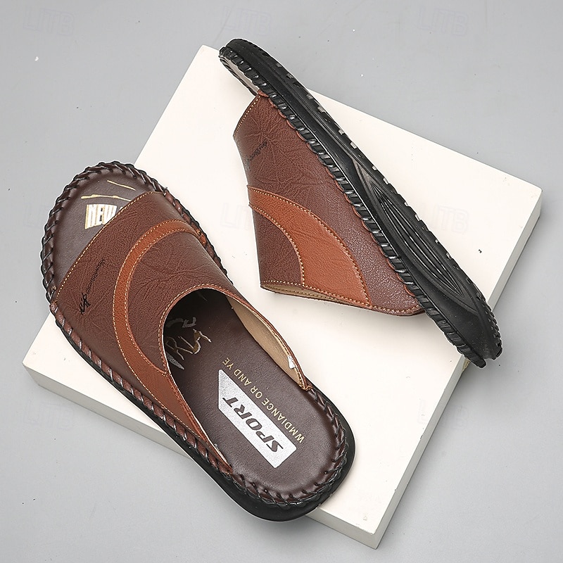 Sandálias masculinas bicolor pretas e brancas, modelo slide, com bico aberto, costuradas à mão, confortáveis e casuais para o verão, ideais para uso diário, férias, em casa e momentos de lazer ao ar livre. de 2026 por $34.99 –P7