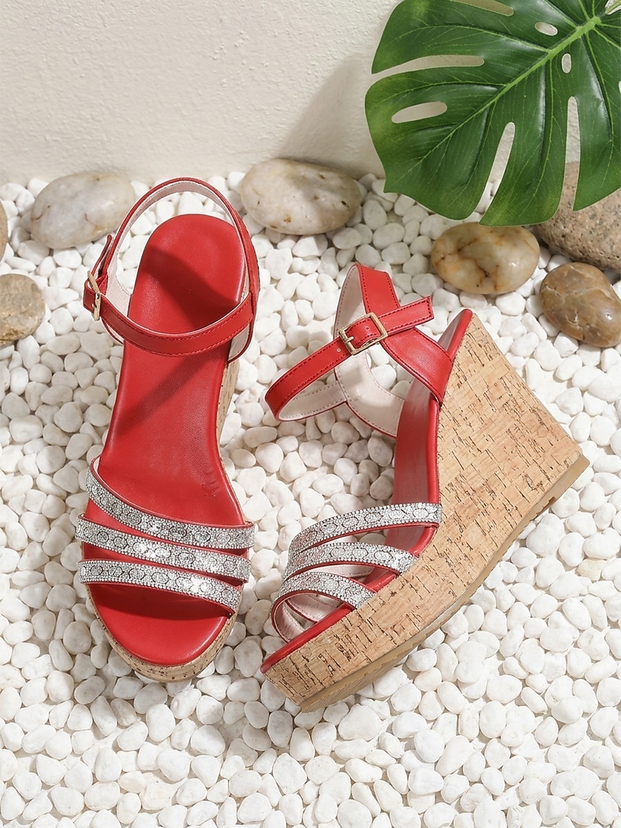 Women's Red Rhinestone Wedge Sandals - Sparkly Crystal Multi-Strap Platform Shoes with Cork Sole & Ankle Buckle for Outdoor Vacations, Tropical Getaways & Summer Parties 2026 - $29.99 –P2