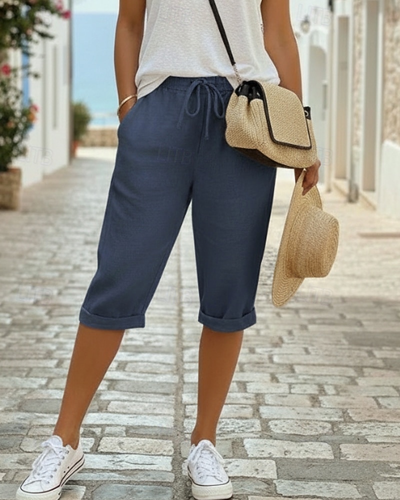 Women's Cotton Linen Shorts Capri Pants Chinos Summer Shorts Vacation Streetwear Casual Knee Length Medium Waist Plain Drawstring Pocket Comfortable Breathable Inelastic Daily Outdoor Street 2026 - $19.99 –P4
