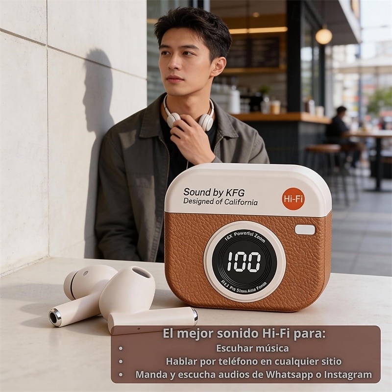 2026年 レトロカメラスタイルのワイヤレスイヤホン、Bluetooth 5.3ヘッドホン、LED電源表示付き充電ケース、ハイファイステレオサウンド &HDマイク、スマートタッチコントロール、長時間バッテリー駆動のiPhone/Android対応イヤホン  コレクション – $17.99 –P2