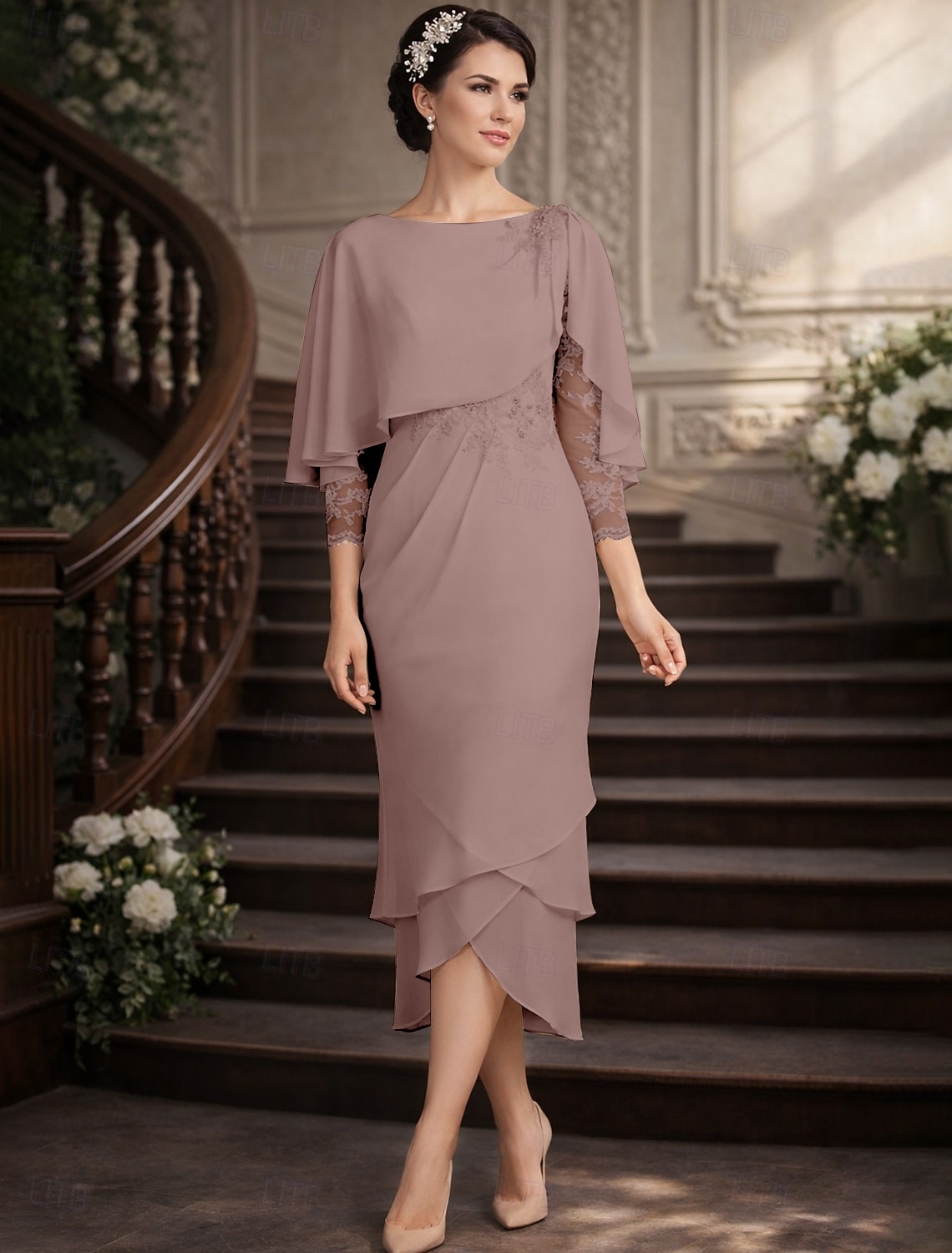 Sheath Column Tea Length Party Dress Cocktail Dress Wedding Guest Dress Mother of the Bride Dress 3/4 Length Sleeve Scoop Neck Elegant Petite Wedding Guest Cocktail Party Wedding Party Chiffon with 2026