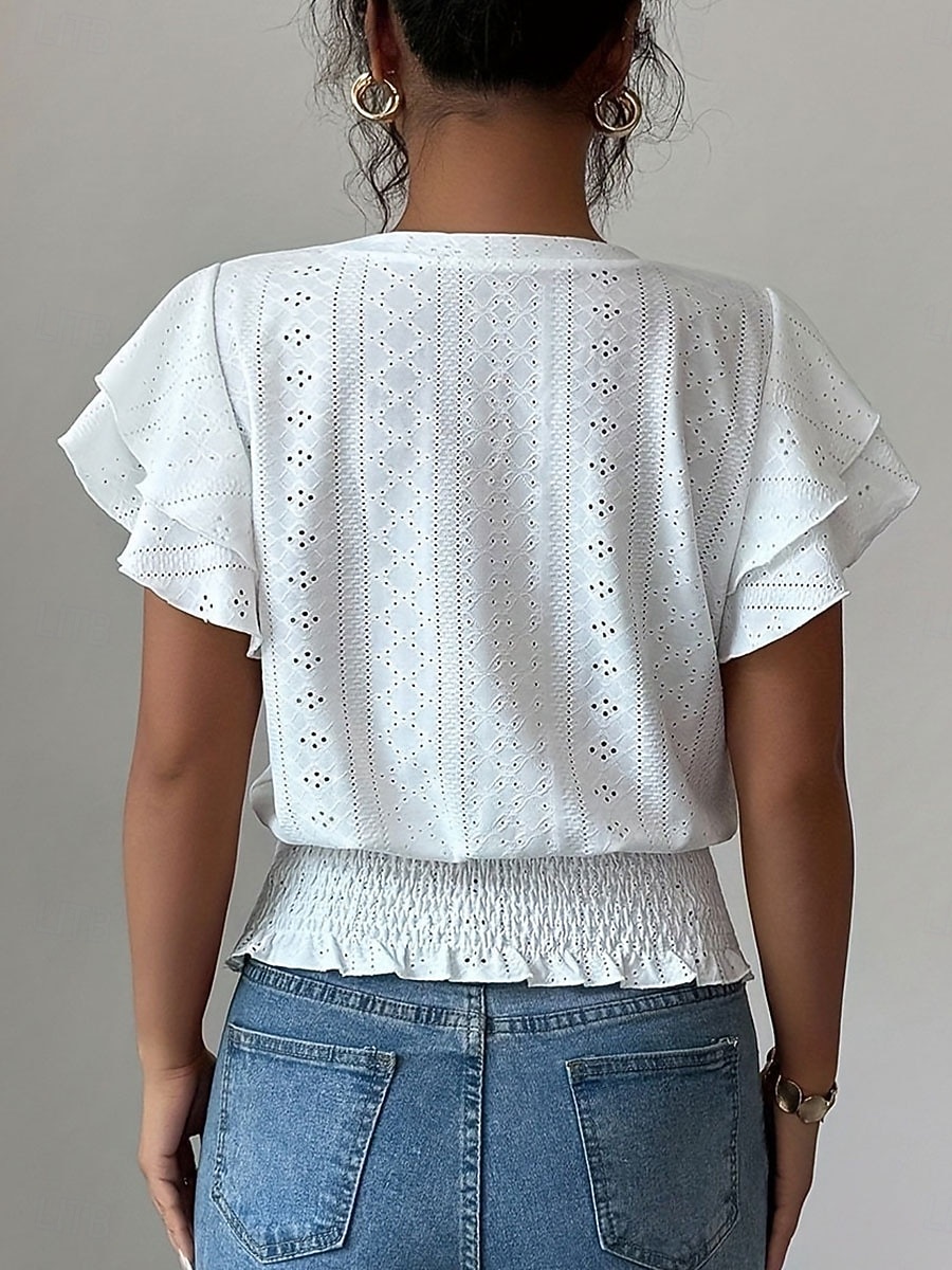 Per donna Camicia traforata Top traforato Camicia con volant Traforato Tinta unica Vintage Elegante Senza Maniche Top Regolari Casuale Bianco Rosa Azzurro Estate Primavera del 2026 a $18.49 –P5